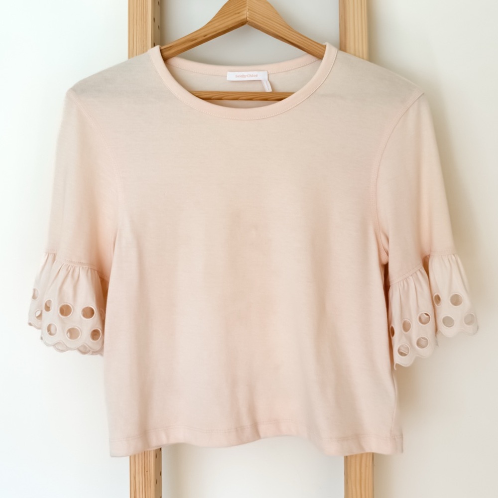 See by Chloé Blush Pink Eyelet Sleeve Top Short Sleeve Ruffle Hem XS